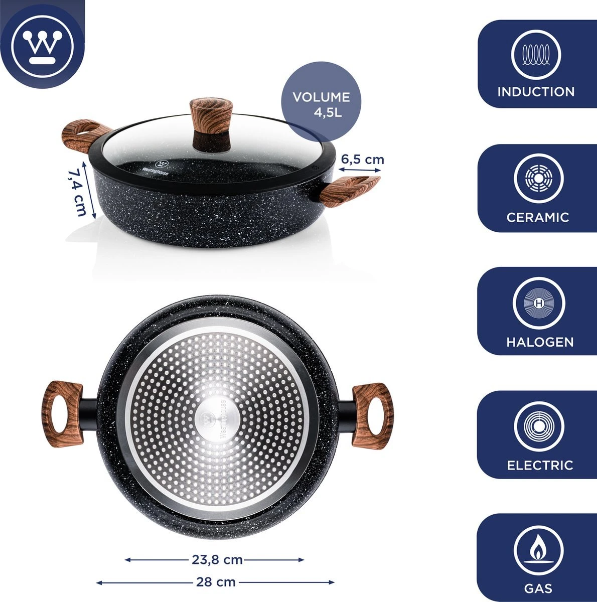 Westinghouse Pannenset Marble Wood (Wokpan ø 30 Cm + Braadpan + Hapjespan ø 28 Cm) - Inductie En Alle Andere Warmtebronnen 5 Westinghouse Pannenset Marble Wood (Wokpan ø 30 Cm + Braadpan + Hapjespan ø 28 Cm) - Inductie En Alle Andere Warmtebronnen - Afbeelding 5