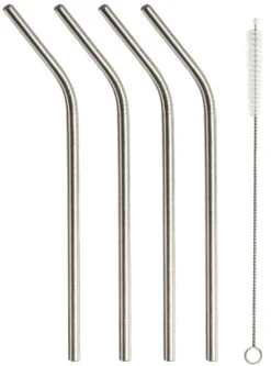 Sareva Herbruikbare Rietjes - Met Borstel - RVS - Gebogen - 4 Stuks -Keuken Kook Winkel Sareva Rietjes gebogen RVS